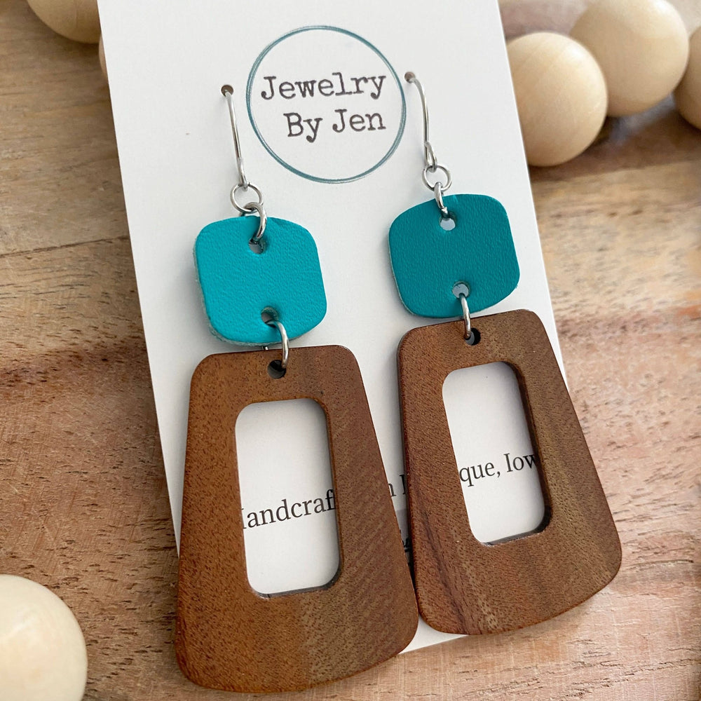 Wood Trapezoid & Turquoise Rounded Square Earrings - Modish Maven Boutique