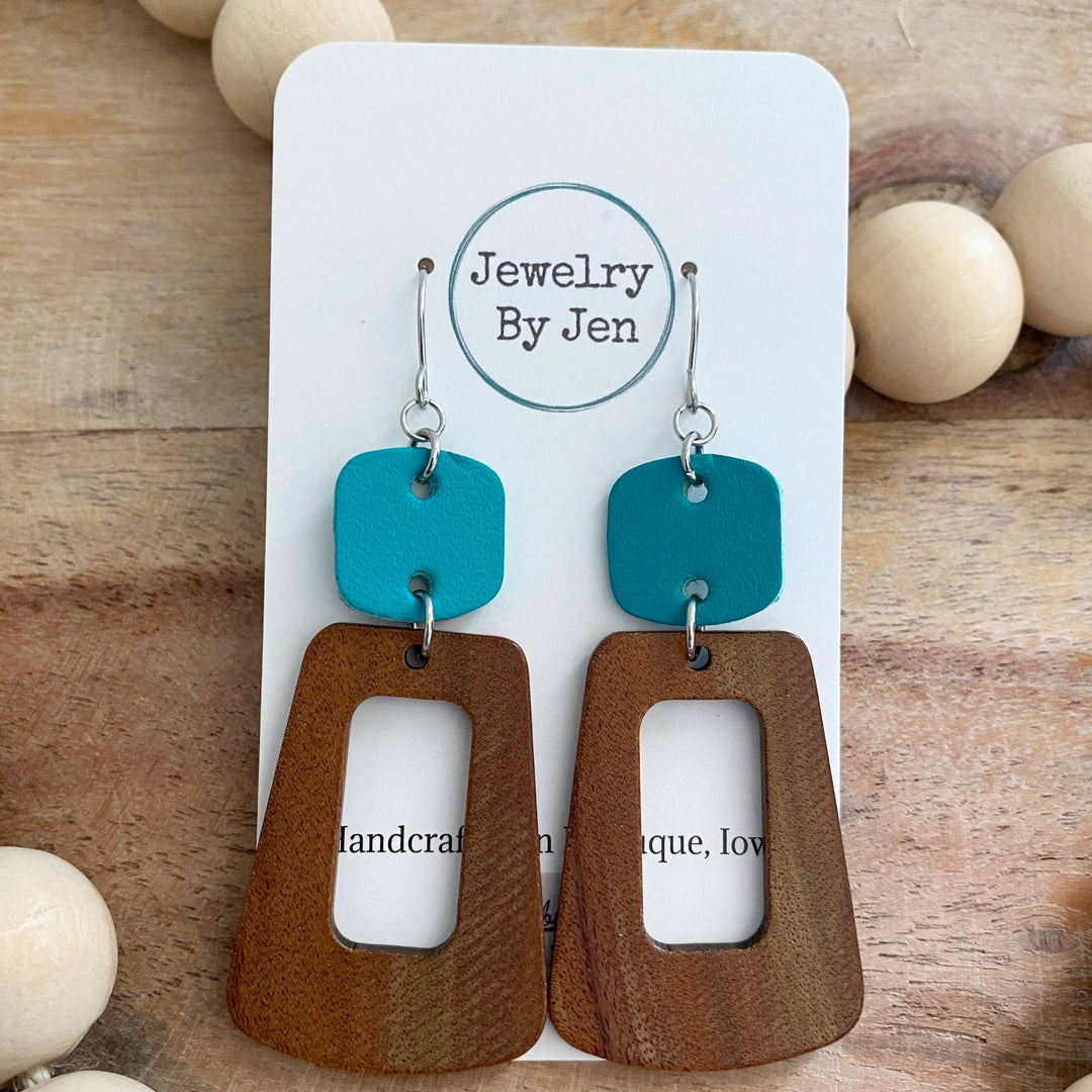 Wood Trapezoid & Turquoise Rounded Square Earrings - Modish Maven Boutique