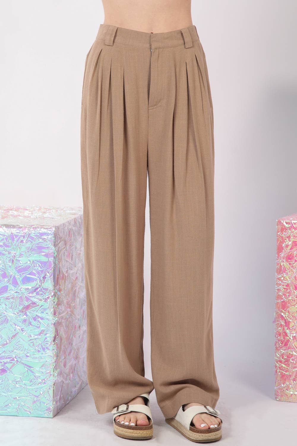 Solid Linen Pleated Wide Leg Comfy Pants-Curvy - Modish Maven Boutique
