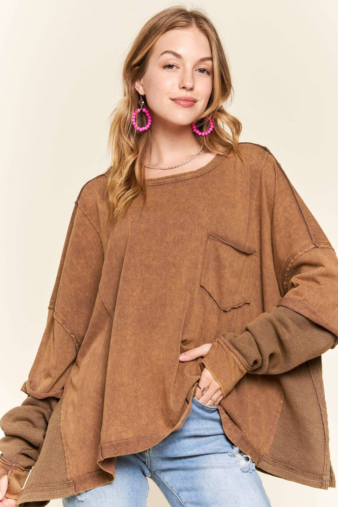 LONG SLEEVE BOXY MINERAL WASHED TOP - Modish Maven Boutique