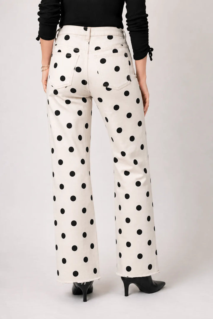 Polka Dot Wide Leg Fray Hem Jean in Cafe Polka Dot — front outfit view with black tee and sneakers