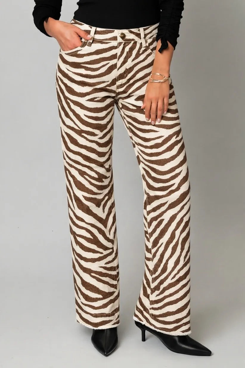 Zebra Print Wide Leg Fray Hem Jean in Baby Zebra — back view showing rear pockets and frayed hems