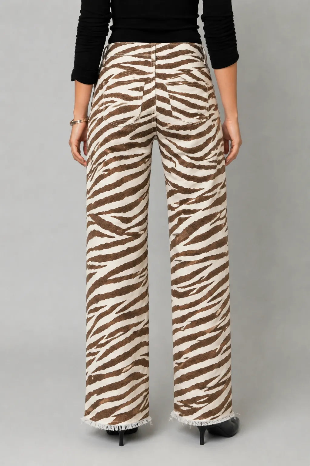 Zebra Print Wide Leg Fray Hem Jean in Baby Zebra — front view showing pockets and wide legs