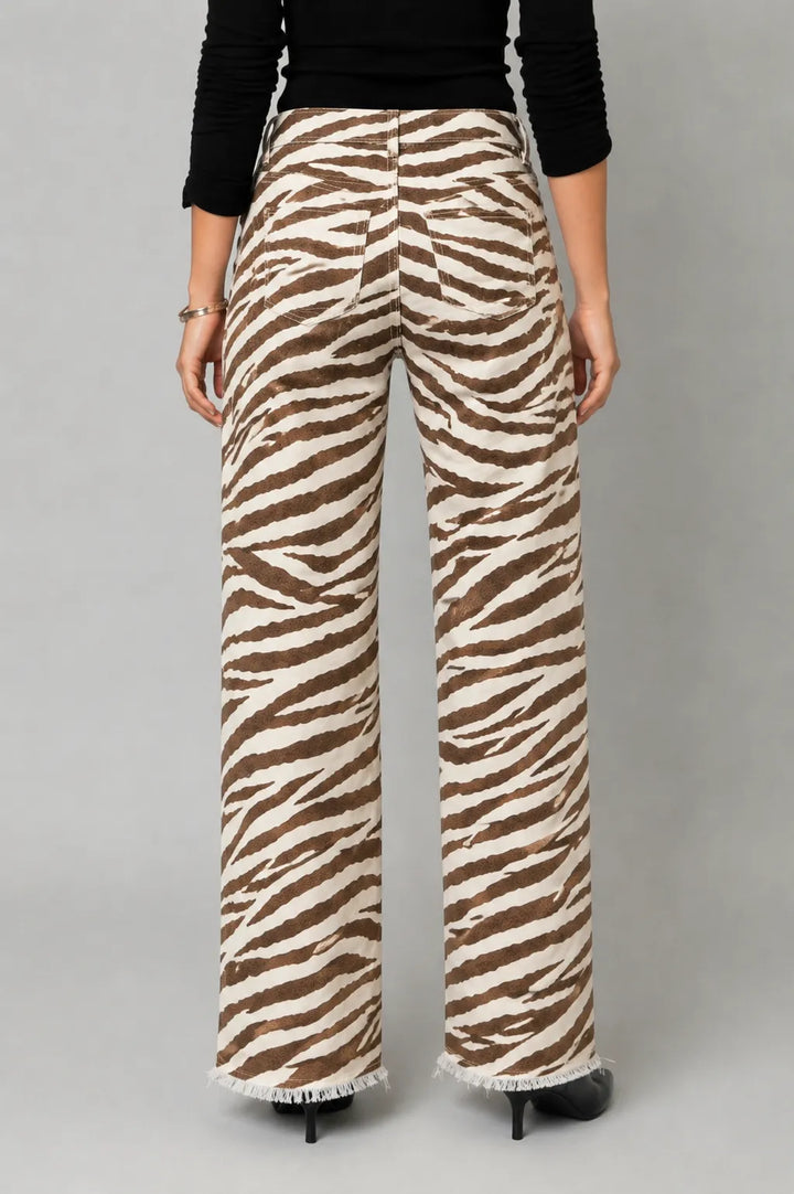 Zebra Print Wide Leg Fray Hem Jean in Baby Zebra — front view showing pockets and wide legs