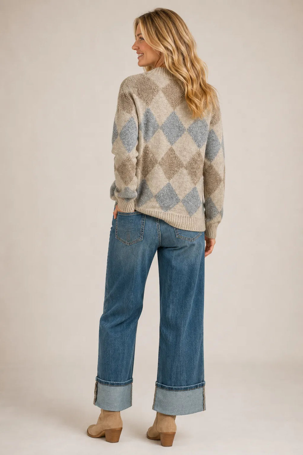 Diamond Pattern Button Down Cardigan in Light Mocha — close front view showing buttons and V-neck