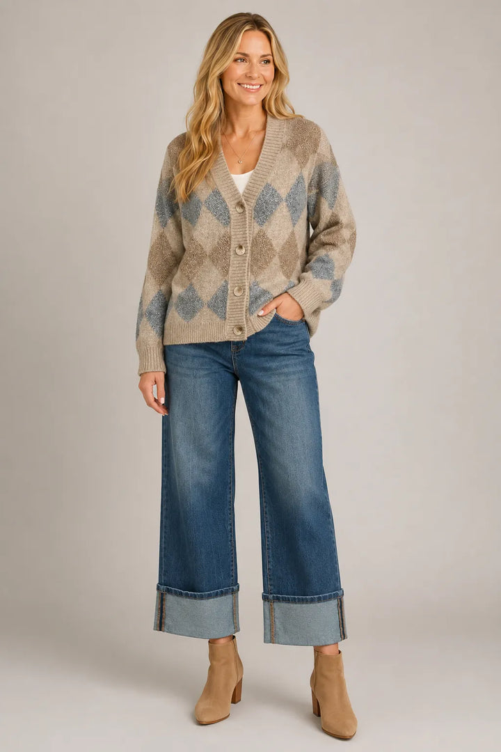 Diamond Pattern Button Down Cardigan in Light Mocha — back view showing diamond knit and ribbed hem