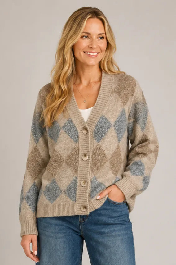 Diamond Pattern Button Down Cardigan in Light Mocha — full front outfit view with wide leg jeans