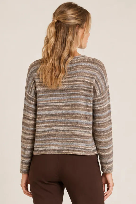 Striped Drop Shoulder Sweater in Brown Multi — front view showing round neck and striped knit