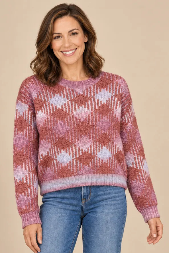 Plaid Drop Shoulder Sweater in Terracotta — back view showing drop shoulders and straight hem
