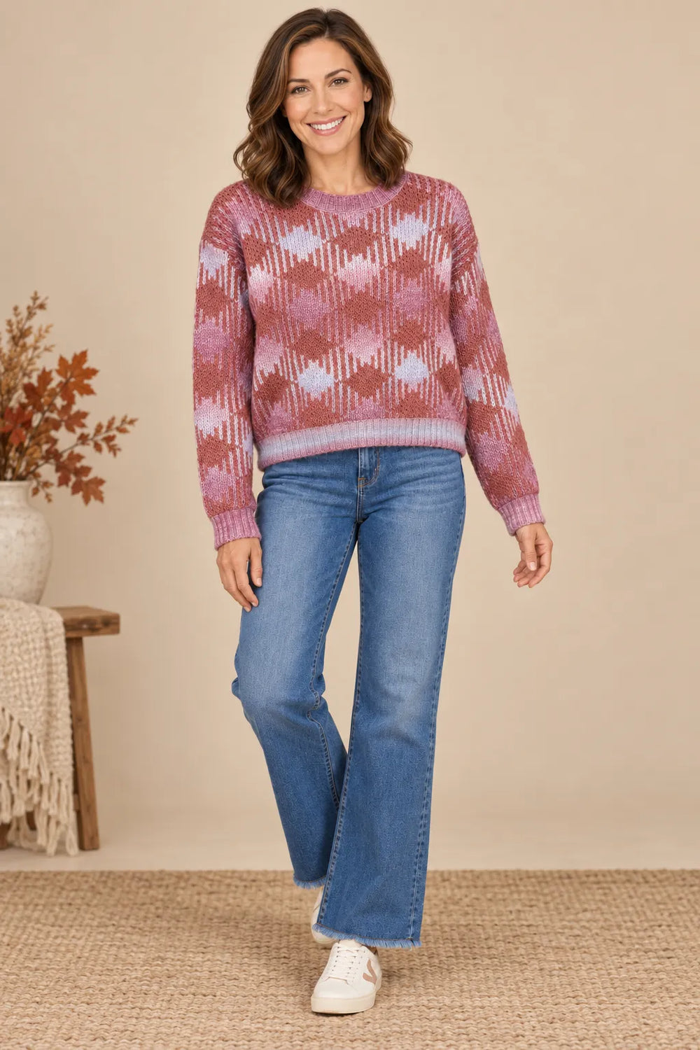 Plaid Drop Shoulder Sweater in Terracotta — full front outfit view with jeans and sneakers