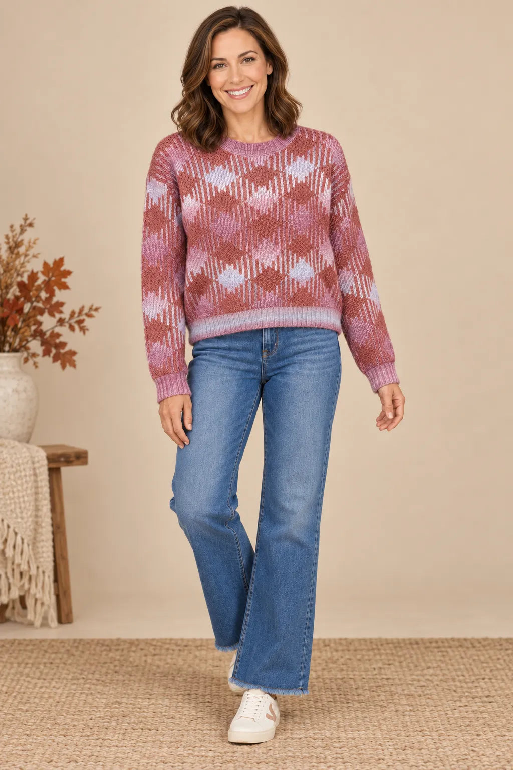 Plaid Drop Shoulder Sweater in Terracotta — full front outfit view with jeans and sneakers