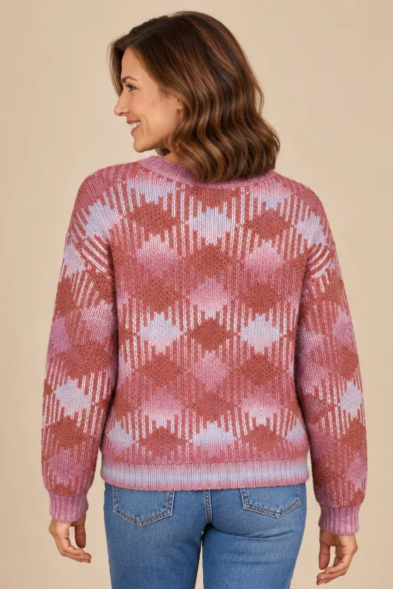 Plaid Drop Shoulder Sweater in Terracotta — closer front view showing round neck and ribbed trims