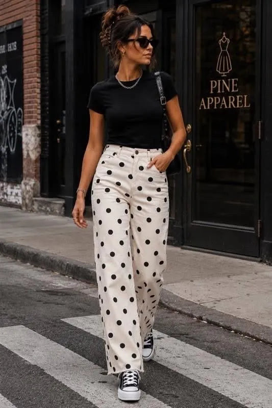 Polka Dot Wide Leg Fray Hem Jean in Cafe Polka Dot — back view showing pockets and frayed hems