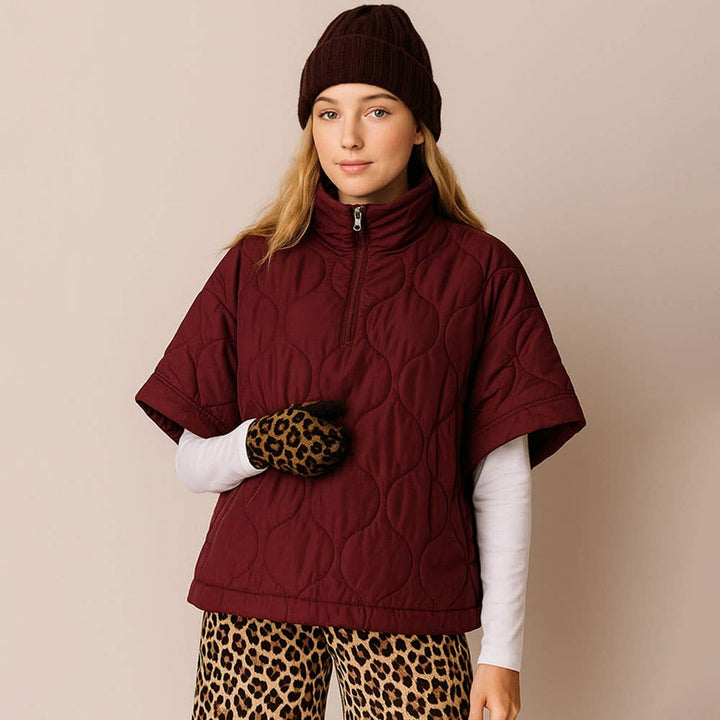 Quilted Short Sleeves Puffer Pullover Poncho