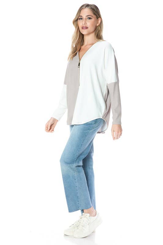 Color Block Dolman Sleeve Zipper Top - Modish Maven Boutique