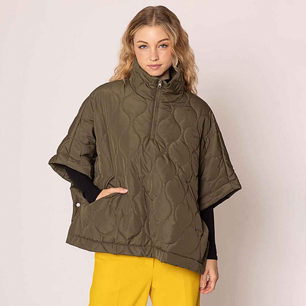 Quilted Short Sleeves Puffer Pullover Poncho