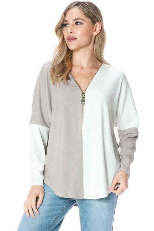 Color Block Dolman Sleeve Zipper Top - Modish Maven Boutique