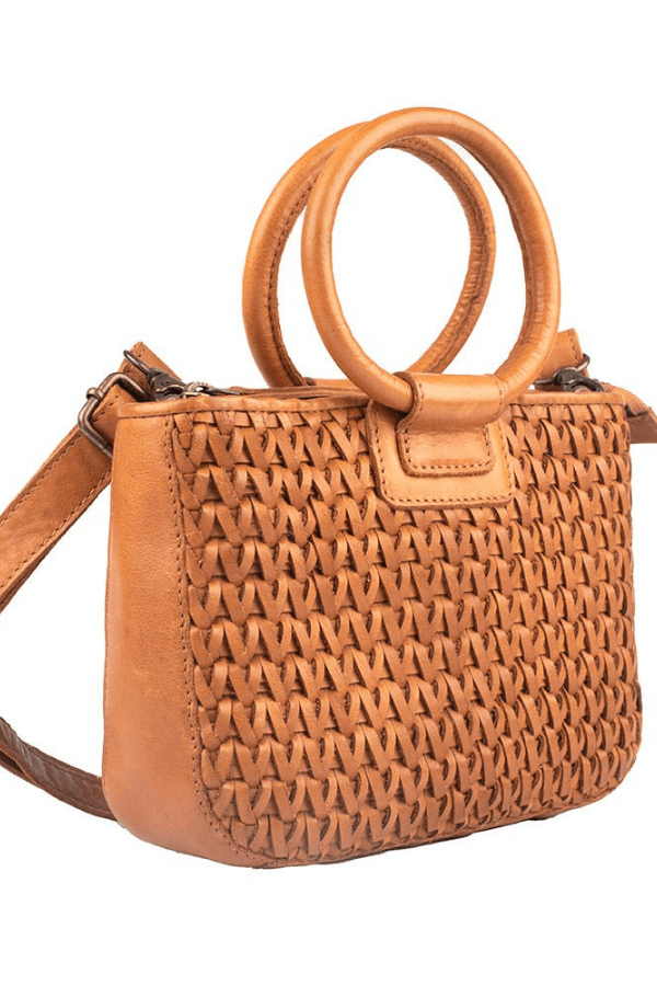 Brown woven handbag with round handles on a white background