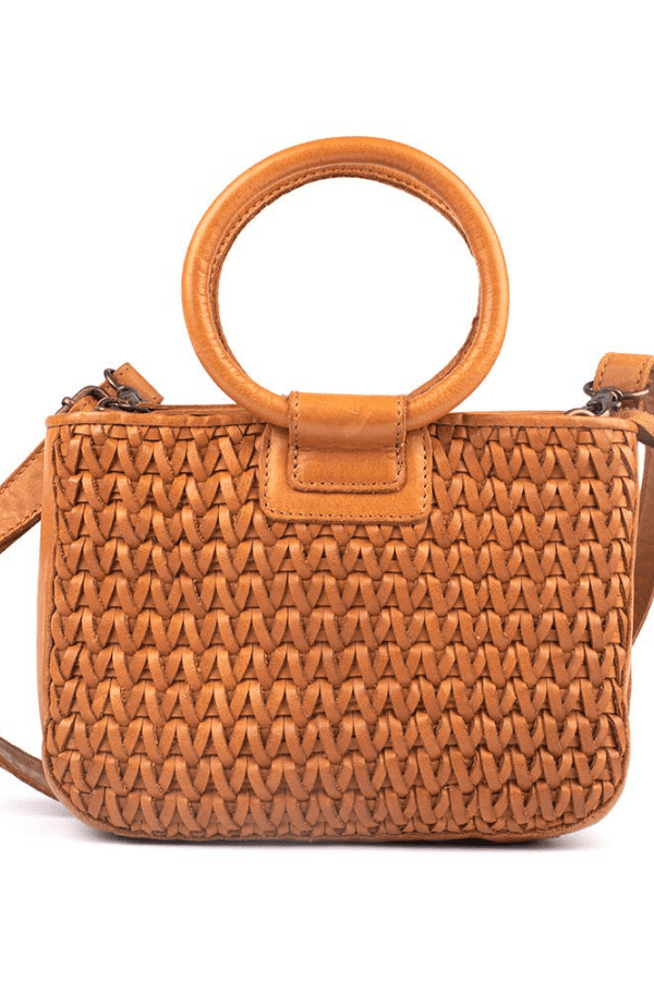 Brown woven handbag with a circular handle on a white background