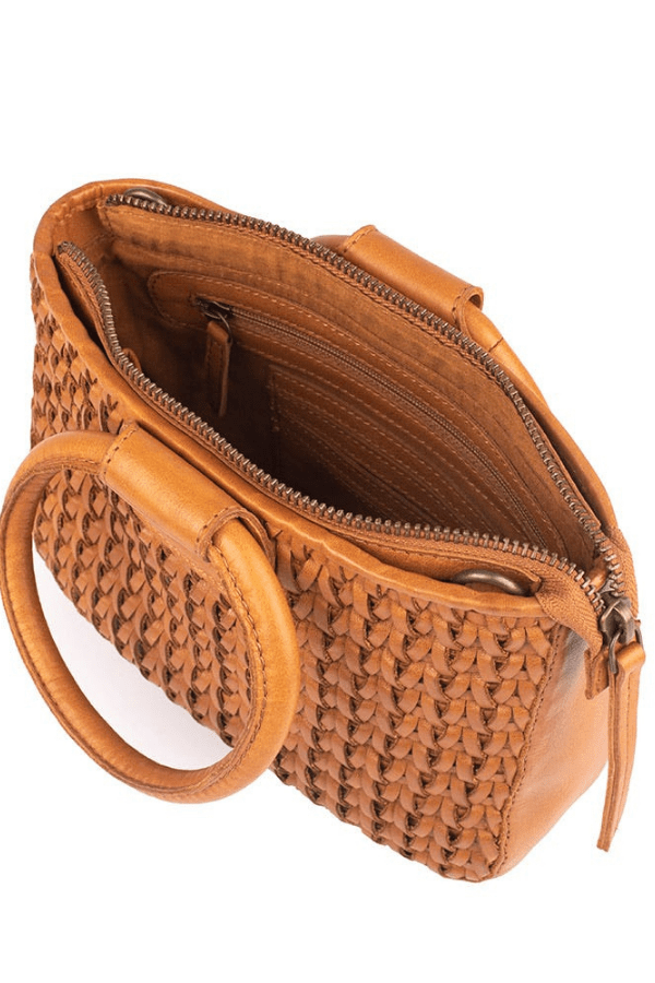 Brown woven handbag with a textured handle on a white background