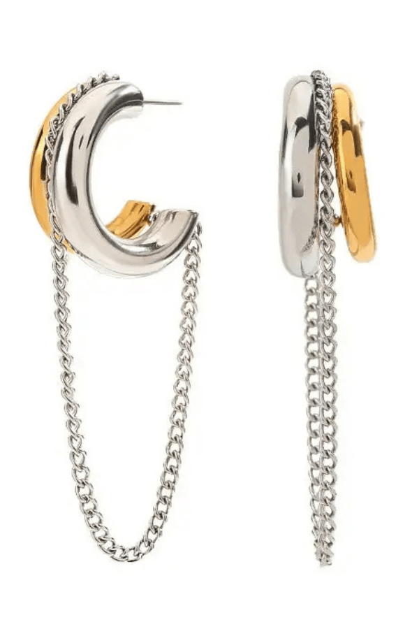 Pair of silver and gold hoop earrings with chains on a white background