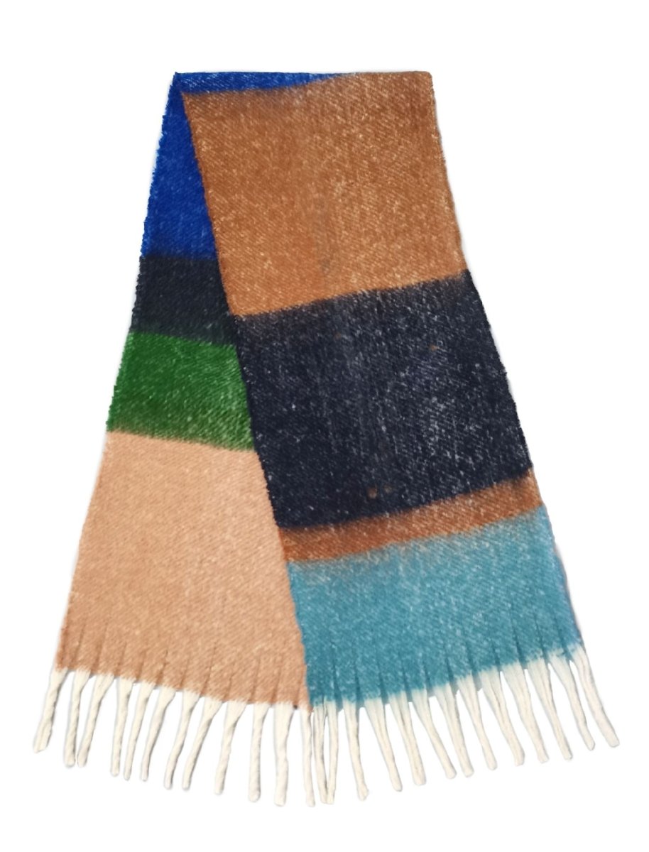 Color block fringe scarf on a white background.