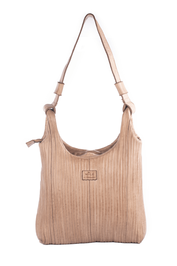 Beige handbag with a strap on a white background