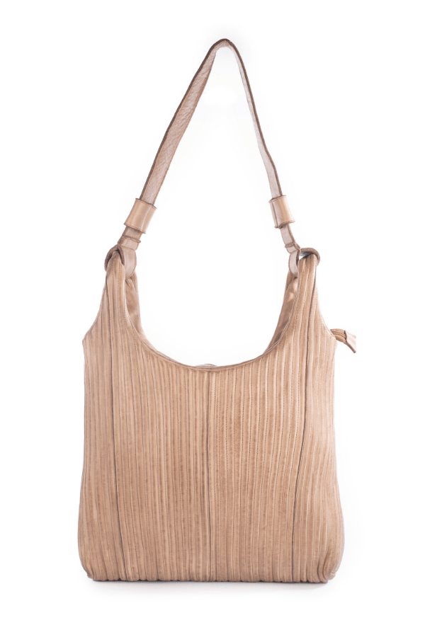 Beige handbag with a strap on a white background