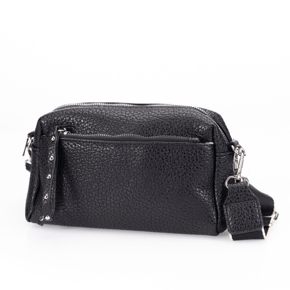 Black pebbled leather bag on white background
