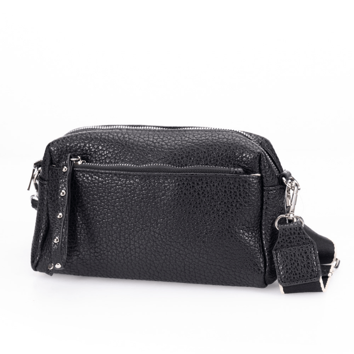 Black pebbled leather bag on white background