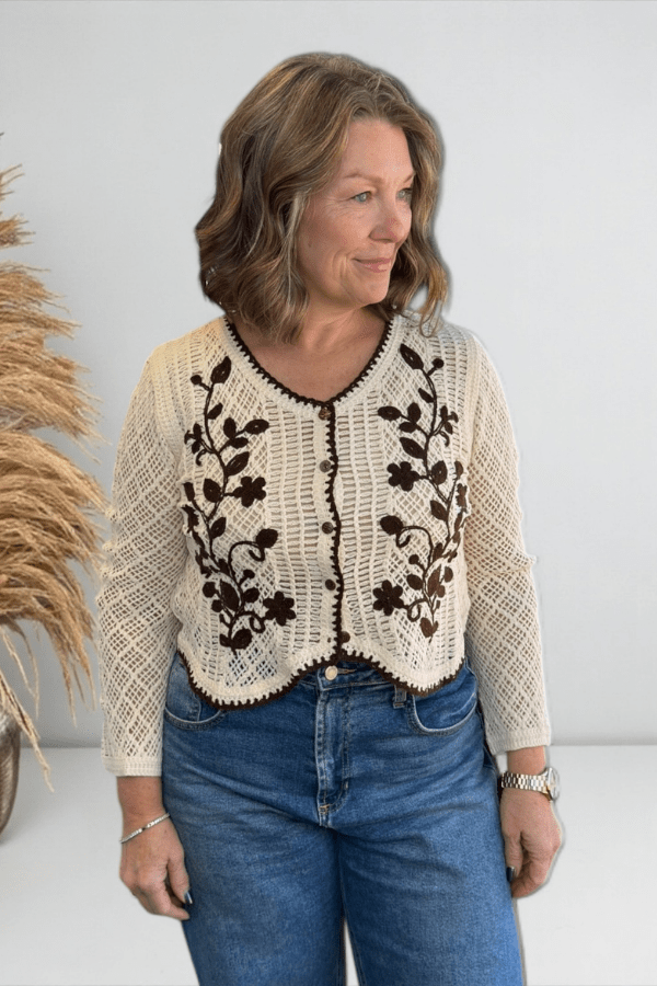 Woman wearing a beige crochet cardigan with floral patterns, standing against a white background.