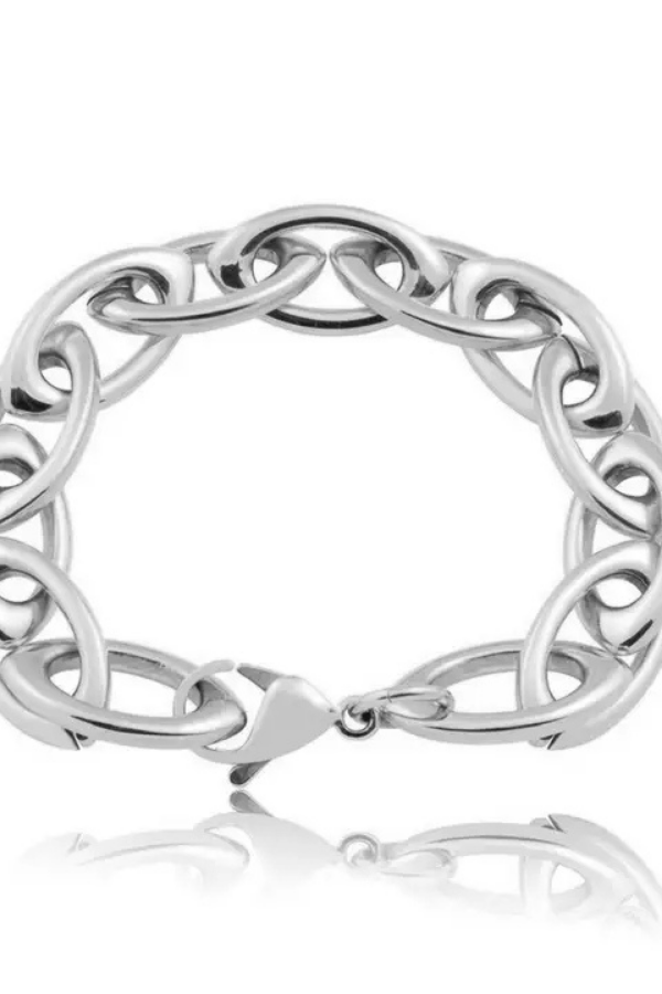 Silver oval link bracelet with lobster clasp and extender displayed on neutral background.