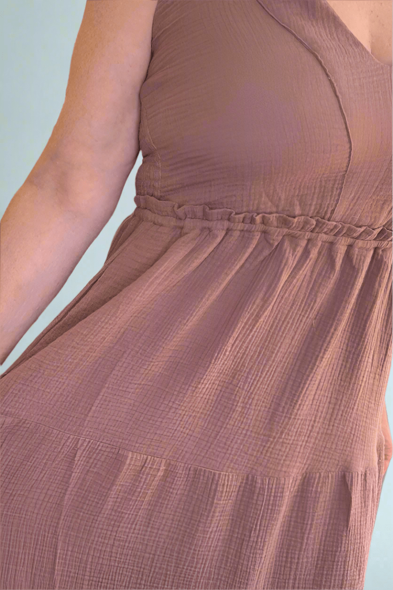 Dex Gauze Tiered Midi Dress in Rose Taupe | Modish Maven Boutique Dex Gauze Tiered Midi Dress in Rose Taupe | Modish Maven Boutique
