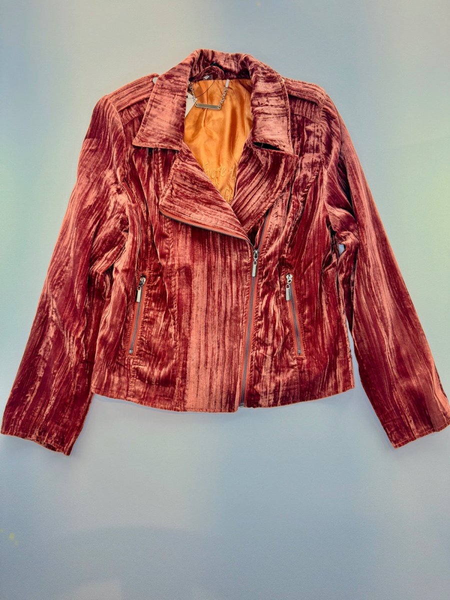 Crushed Velvet Asymmetric Moto Jacket in Rust — front flat lay showing asymmetric zip and zippered pockets