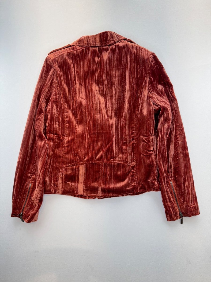 Crushed Velvet Asymmetric Moto Jacket in Rust — back flat lay showing crushed texture and zippered cuffs