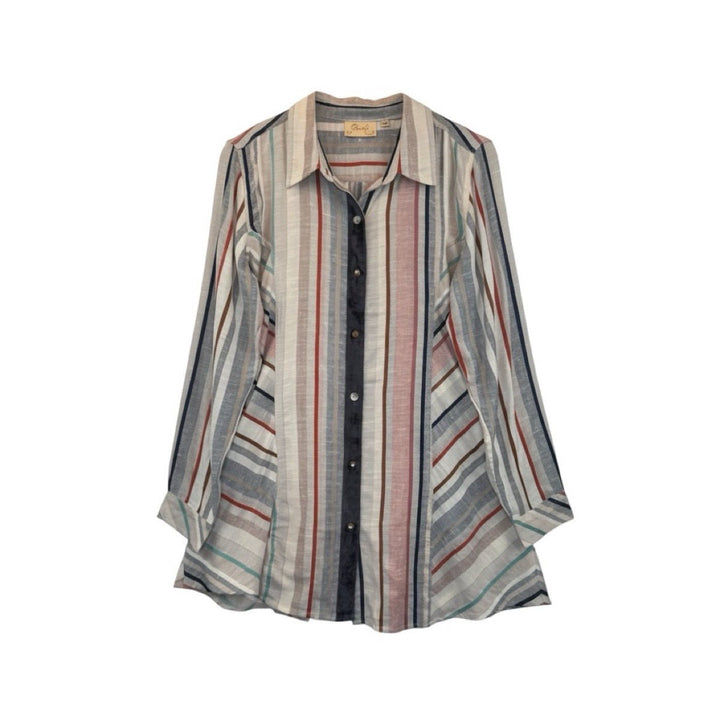 Multi-Color Striped Button Down Tunic in Multi — front flat lay showing velvet placket and mixed stripes