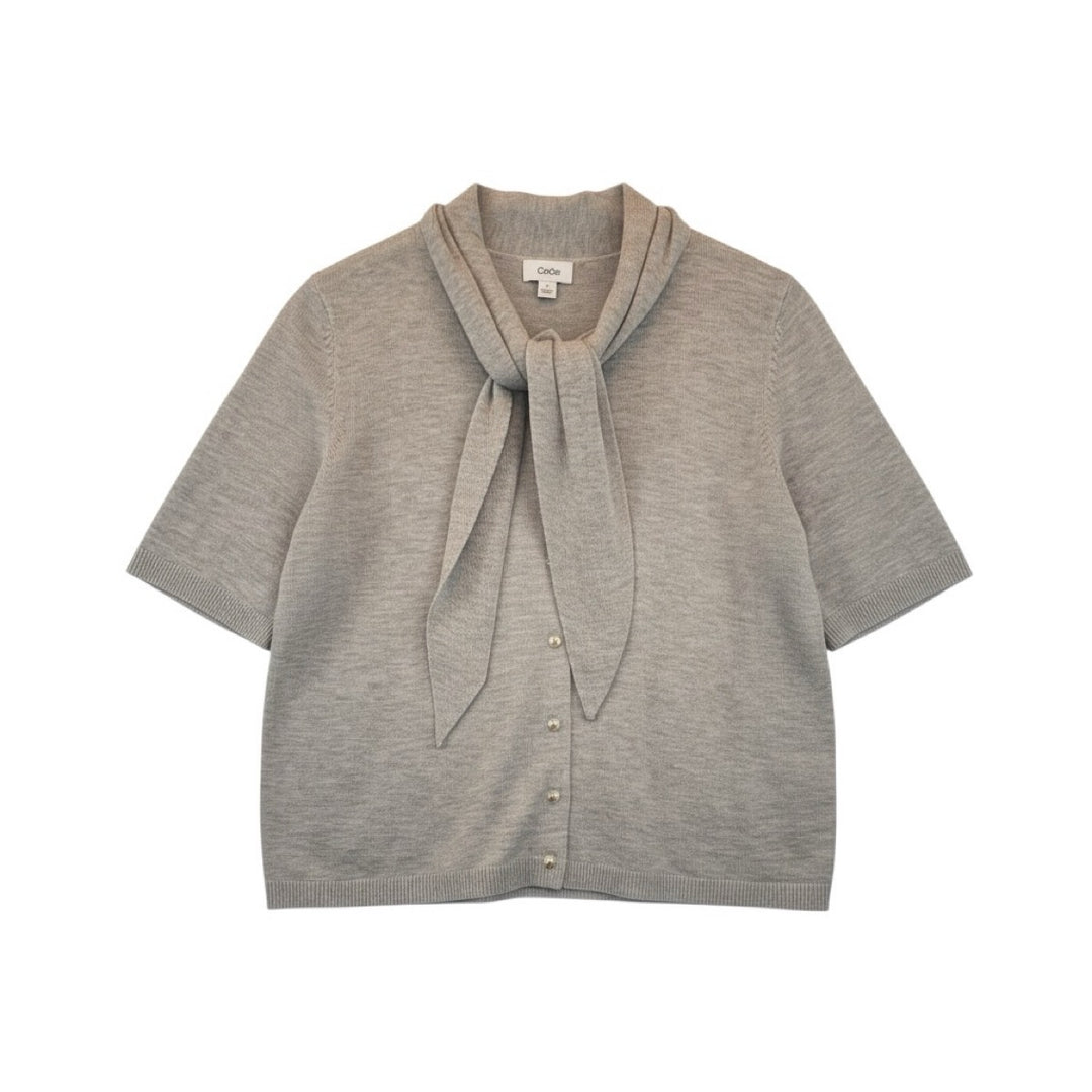 Knit Tie Neck Short Sleeve Cardigan in Warm Grey — front flat lay showing scarf tie, short sleeves and buttons