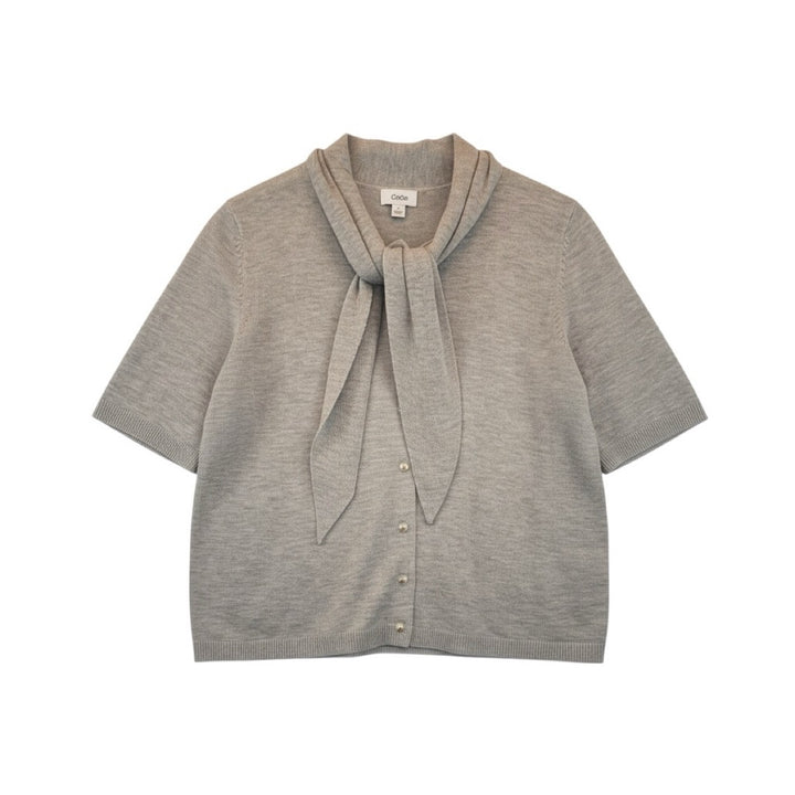 Knit Tie Neck Short Sleeve Cardigan in Warm Grey — front flat lay showing scarf tie, short sleeves and buttons