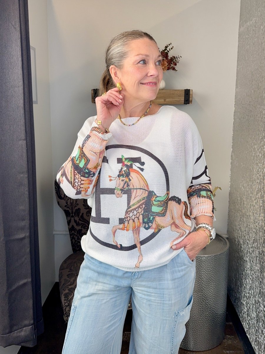 Equestrian Print Batwing Fine - Knit Top - Modish Maven Boutique
