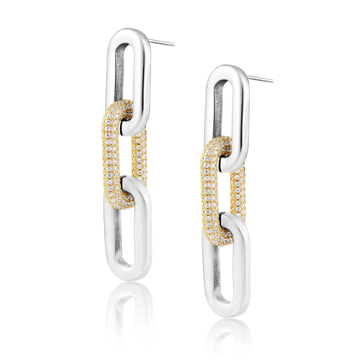 Pair of silver and gold chain link earrings on a white background