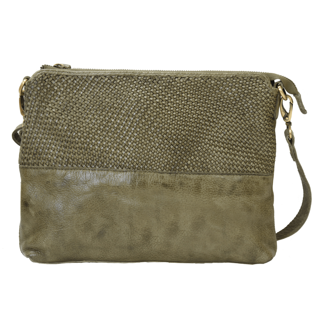 Woven and smooth leather green crossbody on white background.