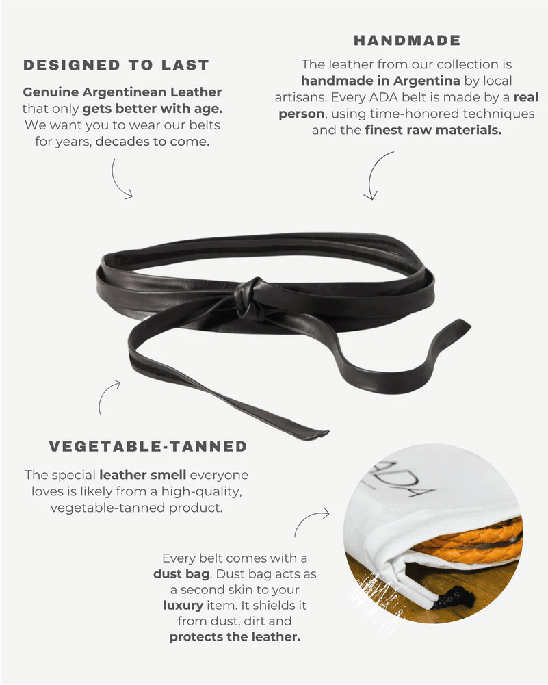 Black leather belt with branding on a white background, featuring text about the belt's craftsmanship and materials.