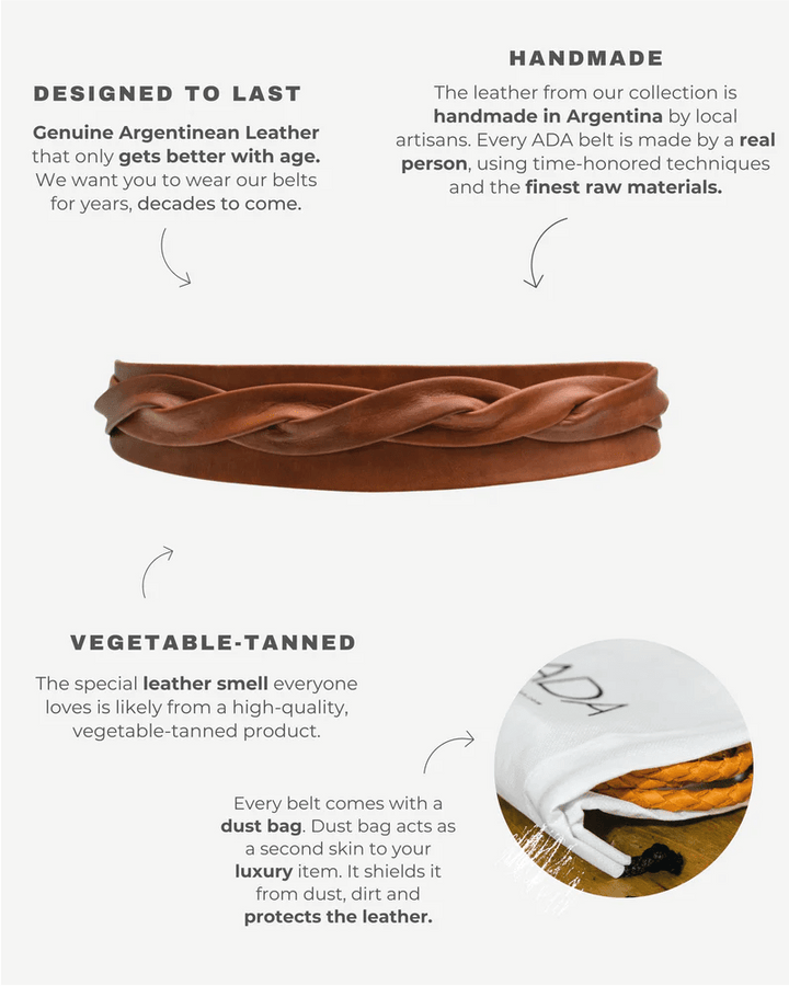 Brown braided leather belt with text about its craftsmanship and features on a white background