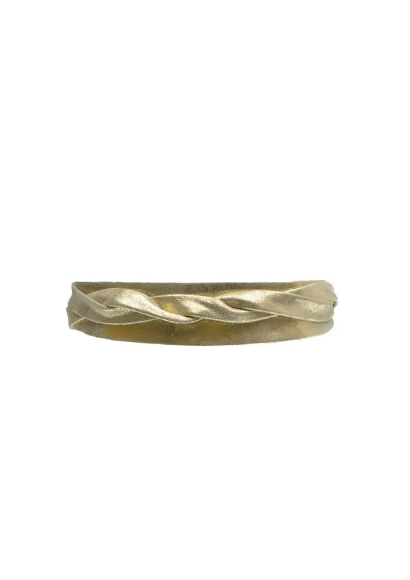 Gold ring with a braided design on a white background