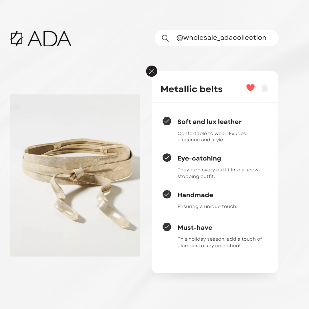 ADA metallic belt with product description on a white background