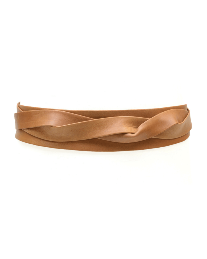 Tan woven belt on a white background