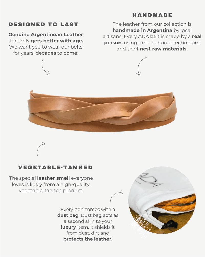 Advertisement for a leather belt with text about its handmade nature, vegetable-tanning process, and dust bag packaging.