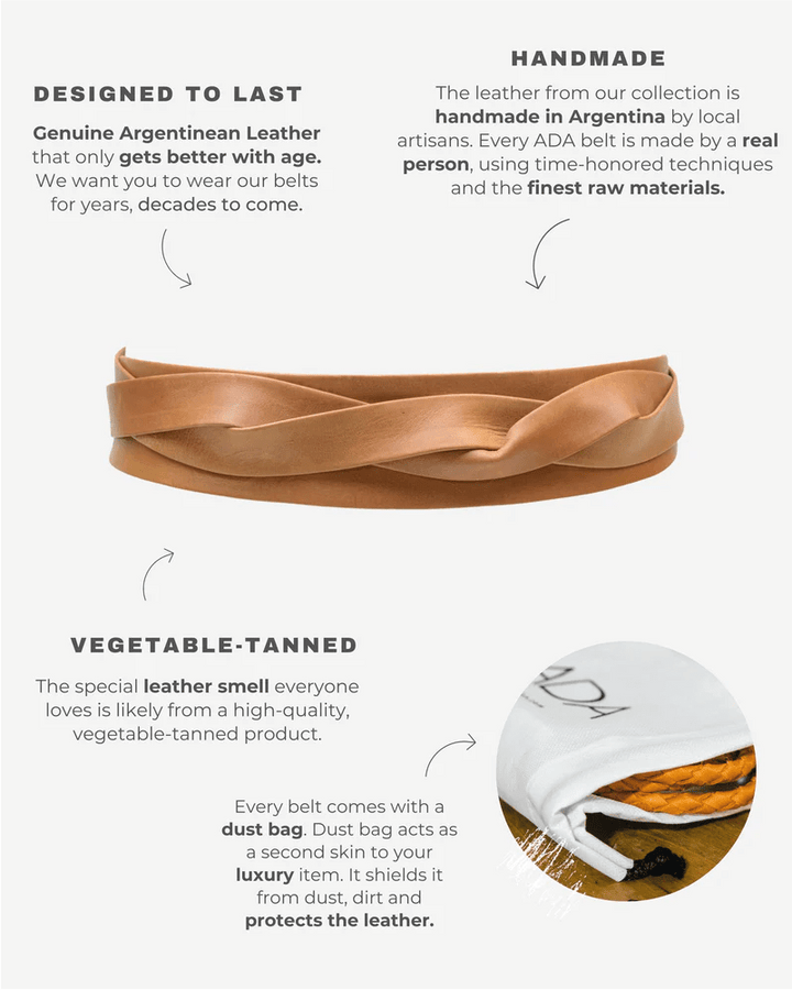 Advertisement for a leather belt with text about its handmade nature, vegetable-tanning process, and dust bag packaging.