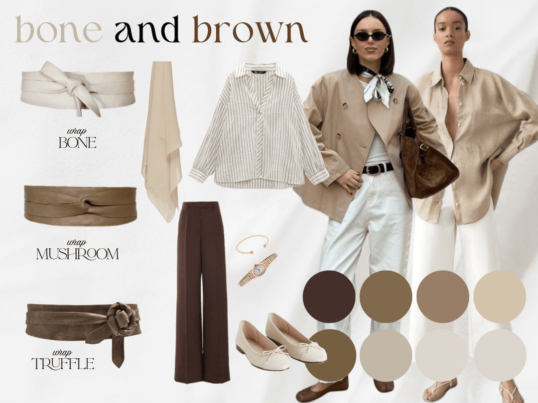 Collage of fashion items with 'bone and brown' theme, featuring clothing and accessories.