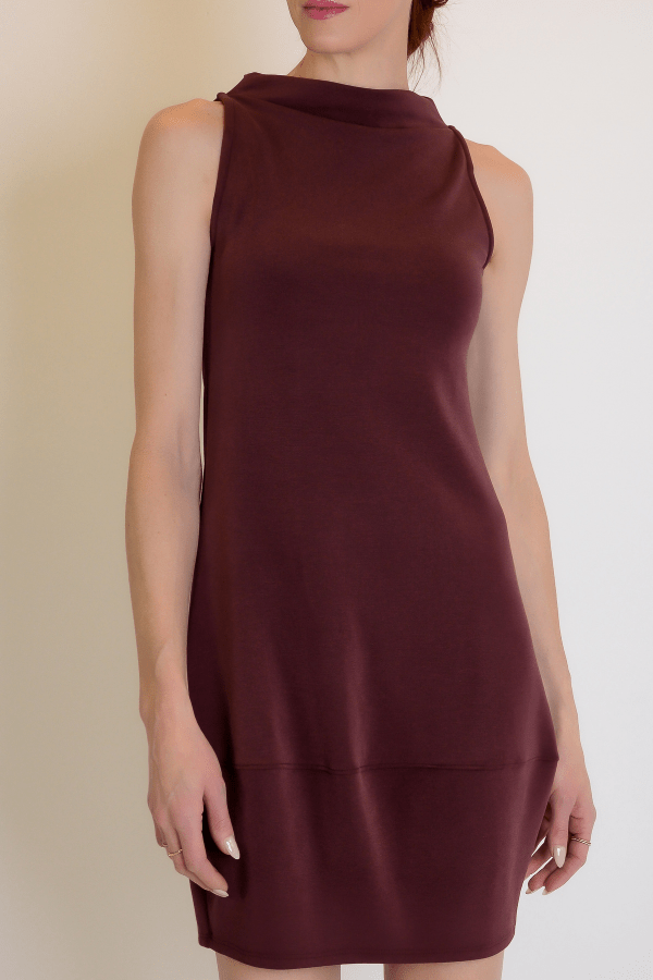 Maroon dress worn by a model on a plain background